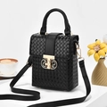 Elegant black woven crossbody cell phone bag with golden lock and round handle - Black (Woven)