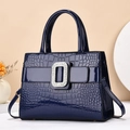 Navy blue crocodile pattern patent leather handbag with sparkling rhinestone buckle - Dark Blue