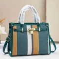 Striped woven canvas tote bag with green leather trim and golden padlock detail - Green