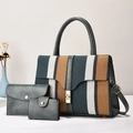Set da 3 pezzi con borsa tote a righe, pochette verde scuro e un piccolo portafoglio - Lunghezza 30 Larghezza 11 Altezza 22 / Verde