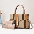 Ensemble de 3 sacs à main pour femme en tissu rayé tissé avec bordures en simili cuir - Longueur 30 Largeur 11 Hauteur 22 / Kaki