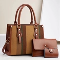 Ensemble de sacs cabas 3 pièces en tissu rayé et similicuir marron avec bandoulière - 30x13x23cm (Ensemble de 3 pièces) / Jaune Terre