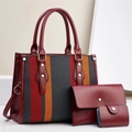 Three-piece burgundy tote bag set with striped fabric panel and gold-tone studs - 30x13x23cm (3-Piece Set) / Wine Red