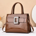 Dark brown crocodile embossed leather handbag with sparkling diamond buckle decoration - Earthy Yellow