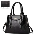 Elegant black crocodile-pattern glossy faux leather tote bag with gold metal logo - Black