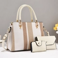 Three-piece women's handbag set featuring striped woven texture and gold hardware details - White and Brown Stripe Style