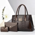 Three-piece dark brown crocodile texture handbag set with shiny finish and gold lock - Coffee