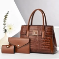 Brown crocodile embossed 3-piece bag set with tote, clutch and card holder - Red