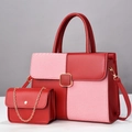Detail of red leather tote and chain bag set with striped fabric and gold hardware - L28 W11 H18 / Burgundy