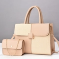 Detail of beige composite handbag set with textured fabric panels and gold hardware - L28 W11 H18 / Khaki