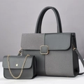 Detailed view of grey tote and mini chain bag set with contrast textures and gold hardware - L28 W11 H18 / Gray