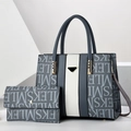 Color-block handbag and wallet set with SMILEK print on minimalist gray white background - Blue