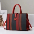 Fashionable red and black striped tote bag with gold metal lock for women - Red