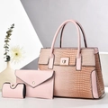 Pale pink 3-piece bag set with crocodile texture, handbag, clutch and coin purse - Pink