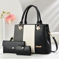 Set di borse da donna in tre pezzi bicolore nero e crema con texture a righe verticali - Nero
