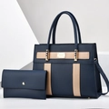 Navy blue and beige contrast tote bag with matching flap wallet and gold hardware - Blue