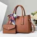 Ensemble sac cabas marron en cuir avec foulard en soie et pochette assortie - Jaune Terre