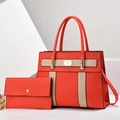 Orange tote bag set with two pieces, featuring cream contrast stripes and gold hardware - Red