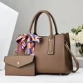 Braunes PU-Leder Set mit Tragetasche, kleinem Portemonnaie und gemustertem Seidentuch - Khaki