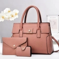 Dreiteiliges Set aus litschi-texturierten Handtaschen in Altrosa mit großer Tragetasche - Rosa