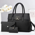 Schwarzes 3er-Set Damenhandtasche mit Lychee-Muster und goldenen Metallbeschlägen - Schwarz