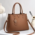 Chic dark brown lychee leather tote bag for women with V-shaped metal and shoulder strap - Brown