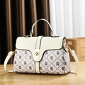 Fashionable PU printed contrast handbag with golden metal lock and crossbody strap - Style 1 Cream White / Length 24 Height 16 Depth 8