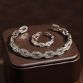 Set bracciale e anello aperti in argento con maglie geometriche e pavé di zirconi - Set 2 Pezzi Bracciale e Anello Argento