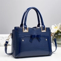 Navy blue crocodile pattern tote bag with bow detail and gold hardware handles - Bowknot Style / Blue