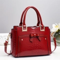 Large red crocodile pattern tote bag with bow detail and champagne gold hardware - Burgundy