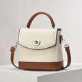 Chic cream and brown colorblock bucket bag with lychee texture and gold buckle - Cream and Yellow