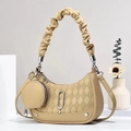Chic beige quilted hobo bag with pleated handle and matching small round coin purse - Khaki