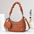 Caramel quilted crescent handbag with scrunchie handle and matching mini round coin purse - Khaki/Earth Yellow