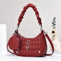 Detail of wine red quilted handbag with ruffled handle and detachable round coin purse - Red