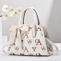 White litchi pattern tote bag with letter print and pink polka dot silk scarf handle - Off White
