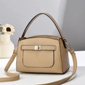 Elegant beige pebbled leather handbag with gold twist lock and adjustable shoulder strap - Khaki