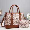 Women's two-piece tote bag set with cherry print and sunflower gold buckle detail - Khaki