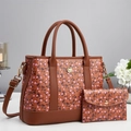 Two-piece dark brown cherry print tote bag and envelope pouch set for women - Khaki/Earth Yellow