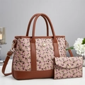 Elegant cherry print tote bag and pouch set with adjustable strap on white surface - Cherry Print Tote Set / Khaki