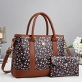 Chic cherry print tote and matching pouch set with brown handles and gold daisy charm - Black