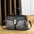 Black PU leather contrast printed handbag with geometric patterns and gold metal lock - Style 2 Black / Length 24 Height 16 Depth 8