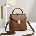 Retro brown woven bucket bag in synthetic leather with golden metal clasp and strap - Brown