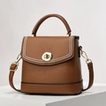 Brown lychee leather bucket bag with contrast stitching and golden turn-lock closure - Khaki/Earth Yellow