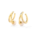 Detail view of gold arc earrings featuring white pearls and micro-pave zirconia crystals - Gold Pearl Zircon Design Style (EP5619B)