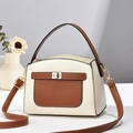 Women's cream and brown contrast faux leather handbag with gold hardware and shoulder strap - Cream and Yellow