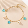 Golden paperclip chain bracelet with blue enamel flowers and natural sea shells - Blue Flower Style