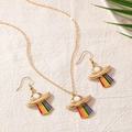 Golden UFO jewelry set with vibrant rainbow enamel necklace and hook earrings - Multi-color UFO Set