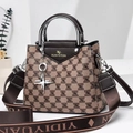 Brown checkerboard tote bag with bird print, metal rings and woven shoulder strap - Tan Flying Bird Checkerboard (Style 9)