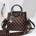 Chic checkered printed large tote bag with silver star pendant and metallic ring handles - Brown/Black Plaid Letter Style (Style 8)