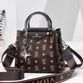Retro brown monogram handbag with V-flap, golden logo and woven shoulder strap - Dark Brown Monogram Pebbled Style (Style 10)